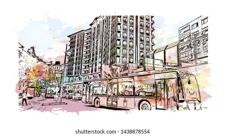 Building view with landmark of Istanbul is a major city in Turkey that straddles Europe and Asia across the Bosphorus Strait. Watercolor splash with hand drawn sketch illustration in vector.