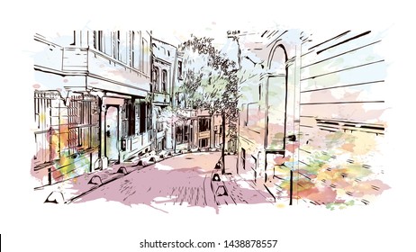 Building view with landmark of Istanbul is a major city in Turkey that straddles Europe and Asia across the Bosphorus Strait. Watercolor splash with hand drawn sketch illustration in vector.