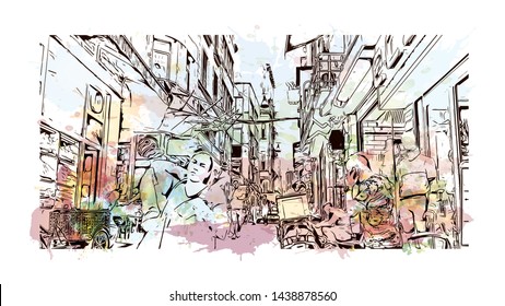 Building view with landmark of Istanbul is a major city in Turkey that straddles Europe and Asia across the Bosphorus Strait. Watercolor splash with hand drawn sketch illustration in vector.