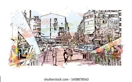 Building view with landmark of Istanbul is a major city in Turkey that straddles Europe and Asia across the Bosphorus Strait. Watercolor splash with hand drawn sketch illustration in vector.