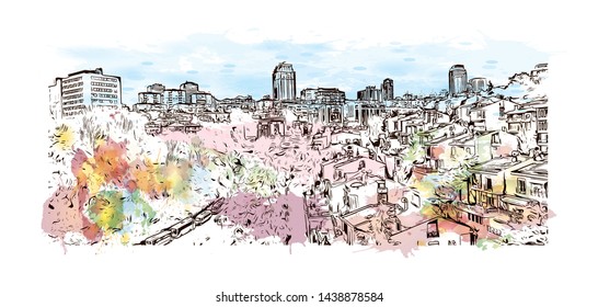 Building view with landmark of Istanbul is a major city in Turkey that straddles Europe and Asia across the Bosphorus Strait. Watercolor splash with hand drawn sketch illustration in vector.