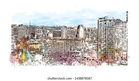 Building view with landmark of Istanbul is a major city in Turkey that straddles Europe and Asia across the Bosphorus Strait. Watercolor splash with hand drawn sketch illustration in vector.