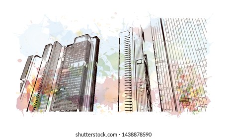 Building view with landmark of Istanbul is a major city in Turkey that straddles Europe and Asia across the Bosphorus Strait. Watercolor splash with hand drawn sketch illustration in vector.