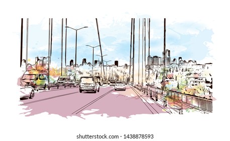 Building view with landmark of Istanbul is a major city in Turkey that straddles Europe and Asia across the Bosphorus Strait. Watercolor splash with hand drawn sketch illustration in vector.
