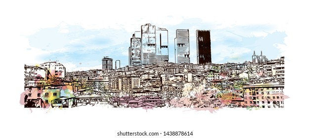 Building view with landmark of Istanbul is a major city in Turkey that straddles Europe and Asia across the Bosphorus Strait. Watercolor splash with hand drawn sketch illustration in vector.