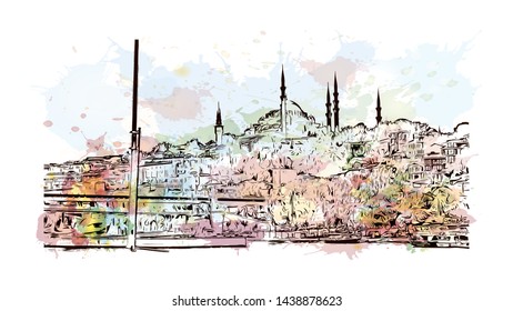 Building view with landmark of Istanbul is a major city in Turkey that straddles Europe and Asia across the Bosphorus Strait. Watercolor splash with hand drawn sketch illustration in vector.