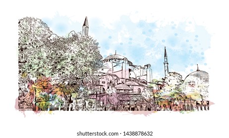 Building view with landmark of Istanbul is a major city in Turkey that straddles Europe and Asia across the Bosphorus Strait. Watercolor splash with hand drawn sketch illustration in vector.