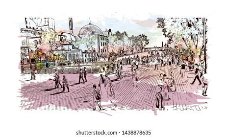 Building view with landmark of Istanbul is a major city in Turkey that straddles Europe and Asia across the Bosphorus Strait. Watercolor splash with hand drawn sketch illustration in vector.