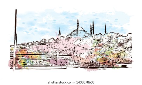 Building view with landmark of Istanbul is a major city in Turkey that straddles Europe and Asia across the Bosphorus Strait. Watercolor splash with hand drawn sketch illustration in vector.