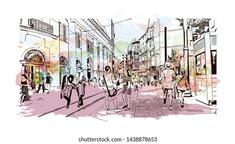 Building view with landmark of Istanbul is a major city in Turkey that straddles Europe and Asia across the Bosphorus Strait. Watercolor splash with hand drawn sketch illustration in vector.