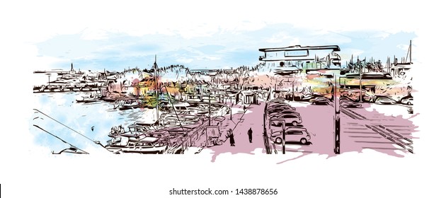 Building view with landmark of Istanbul is a major city in Turkey that straddles Europe and Asia across the Bosphorus Strait. Watercolor splash with hand drawn sketch illustration in vector.