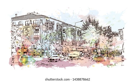 Building view with landmark of Istanbul is a major city in Turkey that straddles Europe and Asia across the Bosphorus Strait. Watercolor splash with hand drawn sketch illustration in vector.
