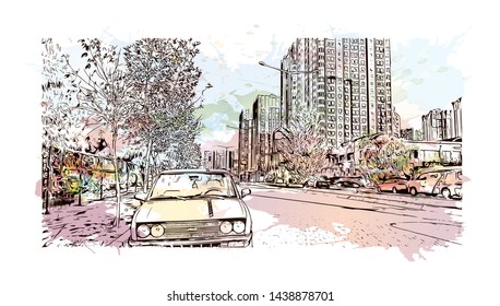 Building view with landmark of Istanbul is a major city in Turkey that straddles Europe and Asia across the Bosphorus Strait. Watercolor splash with hand drawn sketch illustration in vector.
