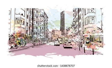 Building view with landmark of Istanbul is a major city in Turkey that straddles Europe and Asia across the Bosphorus Strait. Watercolor splash with hand drawn sketch illustration in vector.