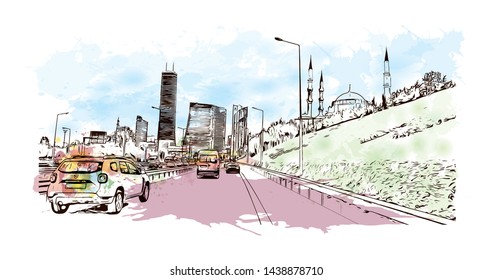 Building view with landmark of Istanbul is a major city in Turkey that straddles Europe and Asia across the Bosphorus Strait. Watercolor splash with hand drawn sketch illustration in vector.