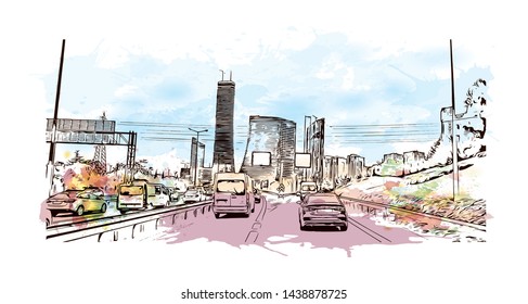 Building view with landmark of Istanbul is a major city in Turkey that straddles Europe and Asia across the Bosphorus Strait. Watercolor splash with hand drawn sketch illustration in vector.