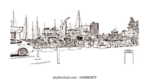 Building view with landmark of Istanbul is a major city in Turkey that straddles Europe and Asia across the Bosphorus Strait. Watercolor splash with hand drawn sketch illustration in vector. 