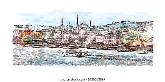 Building view with landmark of Istanbul is a major city in Turkey that straddles Europe and Asia across the Bosphorus Strait. Watercolor splash with hand drawn sketch illustration in vector. 