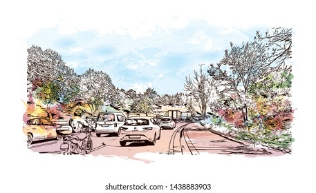 Building view with landmark of Istanbul is a major city in Turkey that straddles Europe and Asia across the Bosphorus Strait. Watercolor splash with hand drawn sketch illustration in vector. 