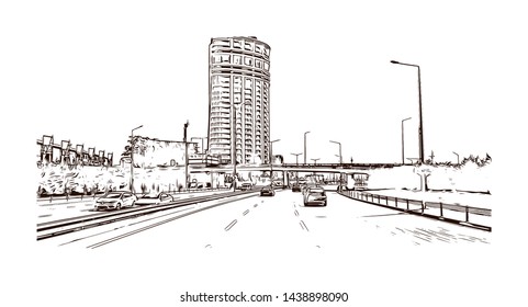 Building view with landmark of Istanbul is a major city in Turkey that straddles Europe and Asia across the Bosphorus Strait. Hand drawn sketch illustration in vector.