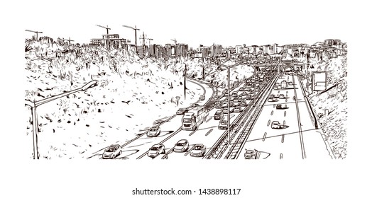 Building view with landmark of Istanbul is a major city in Turkey that straddles Europe and Asia across the Bosphorus Strait. Hand drawn sketch illustration in vector.