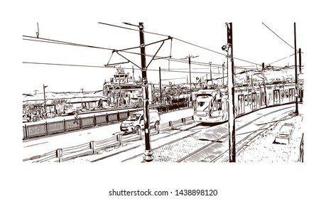 Building view with landmark of Istanbul is a major city in Turkey that straddles Europe and Asia across the Bosphorus Strait. Hand drawn sketch illustration in vector.