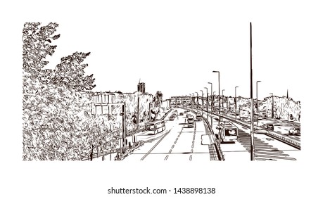 Building view with landmark of Istanbul is a major city in Turkey that straddles Europe and Asia across the Bosphorus Strait. Hand drawn sketch illustration in vector.