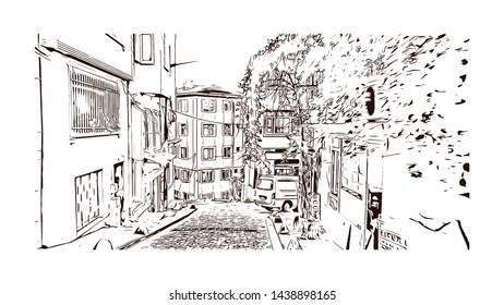 Building view with landmark of Istanbul is a major city in Turkey that straddles Europe and Asia across the Bosphorus Strait. Hand drawn sketch illustration in vector.