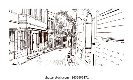 Building view with landmark of Istanbul is a major city in Turkey that straddles Europe and Asia across the Bosphorus Strait. Hand drawn sketch illustration in vector.