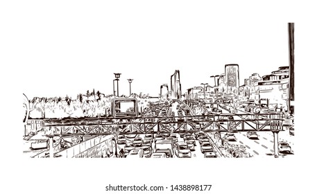 Building view with landmark of Istanbul is a major city in Turkey that straddles Europe and Asia across the Bosphorus Strait. Hand drawn sketch illustration in vector.