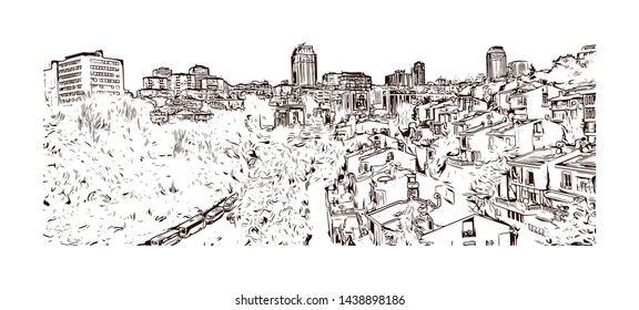 Building view with landmark of Istanbul is a major city in Turkey that straddles Europe and Asia across the Bosphorus Strait. Hand drawn sketch illustration in vector.