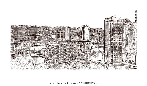 Building view with landmark of Istanbul is a major city in Turkey that straddles Europe and Asia across the Bosphorus Strait. Hand drawn sketch illustration in vector.