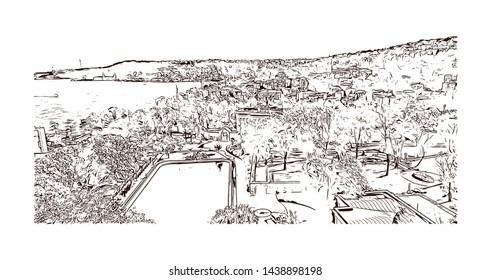 Building view with landmark of Istanbul is a major city in Turkey that straddles Europe and Asia across the Bosphorus Strait. Hand drawn sketch illustration in vector.