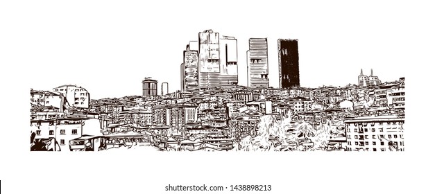 Building view with landmark of Istanbul is a major city in Turkey that straddles Europe and Asia across the Bosphorus Strait. Hand drawn sketch illustration in vector.