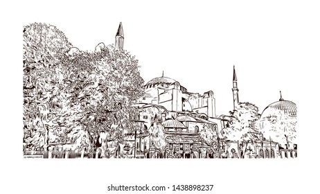 Building view with landmark of Istanbul is a major city in Turkey that straddles Europe and Asia across the Bosphorus Strait. Hand drawn sketch illustration in vector.
