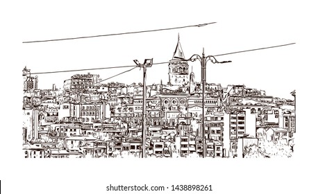 Building view with landmark of Istanbul is a major city in Turkey that straddles Europe and Asia across the Bosphorus Strait. Hand drawn sketch illustration in vector.