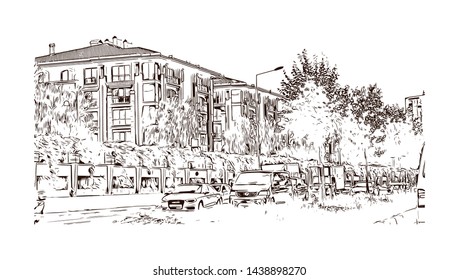 Building view with landmark of Istanbul is a major city in Turkey that straddles Europe and Asia across the Bosphorus Strait. Hand drawn sketch illustration in vector.