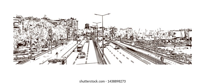 Building view with landmark of Istanbul is a major city in Turkey that straddles Europe and Asia across the Bosphorus Strait. Hand drawn sketch illustration in vector.