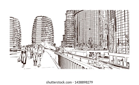 Building view with landmark of Istanbul is a major city in Turkey that straddles Europe and Asia across the Bosphorus Strait. Hand drawn sketch illustration in vector.