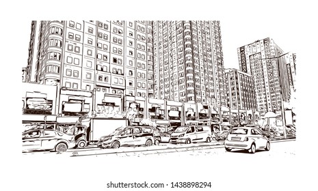 Building view with landmark of Istanbul is a major city in Turkey that straddles Europe and Asia across the Bosphorus Strait. Hand drawn sketch illustration in vector.