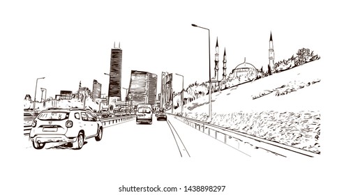 Building view with landmark of Istanbul is a major city in Turkey that straddles Europe and Asia across the Bosphorus Strait. Hand drawn sketch illustration in vector.
