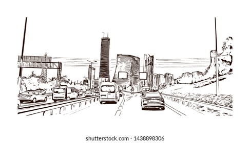 Building view with landmark of Istanbul is a major city in Turkey that straddles Europe and Asia across the Bosphorus Strait. Hand drawn sketch illustration in vector.