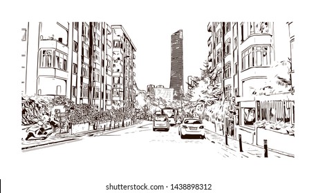 Building view with landmark of Istanbul is a major city in Turkey that straddles Europe and Asia across the Bosphorus Strait. Hand drawn sketch illustration in vector.