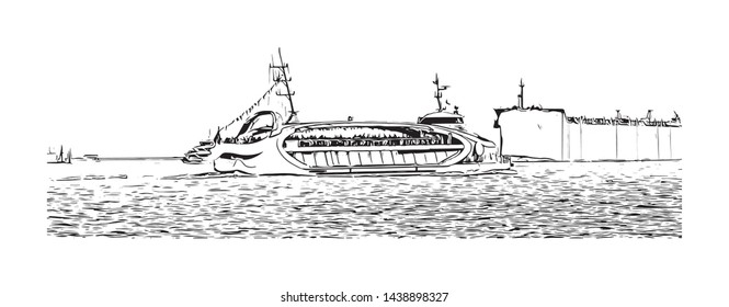 Building view with landmark of Istanbul is a major city in Turkey that straddles Europe and Asia across the Bosphorus Strait. Hand drawn sketch illustration in vector.
