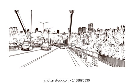 Building view with landmark of Istanbul is a major city in Turkey that straddles Europe and Asia across the Bosphorus Strait. Hand drawn sketch illustration in vector.