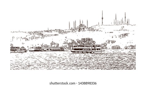Building view with landmark of Istanbul is a major city in Turkey that straddles Europe and Asia across the Bosphorus Strait. Hand drawn sketch illustration in vector.