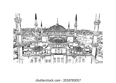 Building view with landmark of Istanbul is a major city in Turkey. Hand drawn sketch illustration in vector.