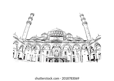 Building view with landmark of Istanbul is a major city in Turkey. Hand drawn sketch illustration in vector.