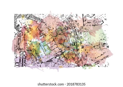 Building view with landmark of Istanbul is a major city in Turkey. Watercolor splash with hand drawn sketch illustration in vector.