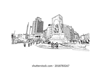 Building view with landmark of Istanbul is a major city in Turkey. Hand drawn sketch illustration in vector.